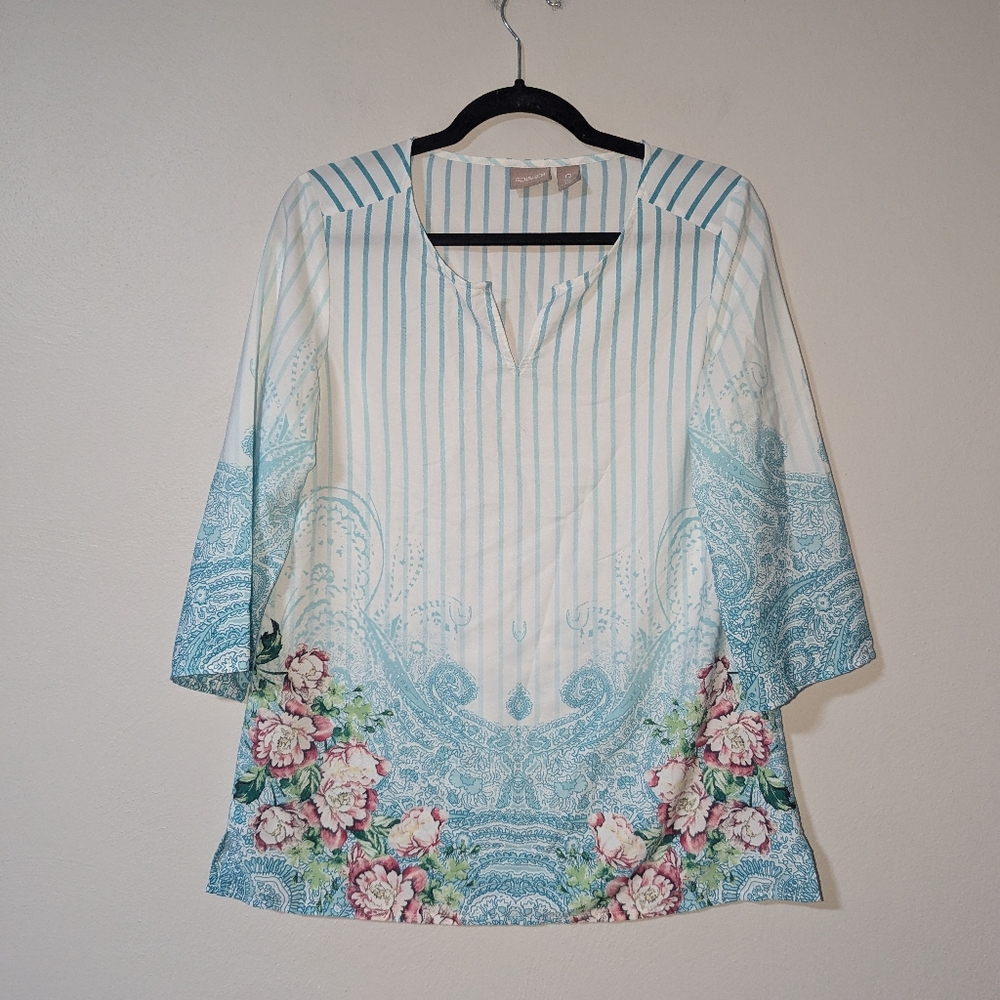 S Chico's Blue Floral Print Striped Top